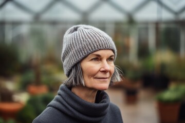 Portrait of senior woman in a hat and coat in a greenhouse