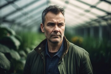 Portrait of a man in a greenhouse looking at the camera.