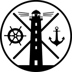 Maritimes Symbol mit Anker, Steuerruder und Leuchtturm - obrazy, fototapety, plakaty