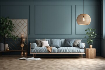 Scandinavian living room with gray sofa, blue wall, gold lamp, and white floor. Generative AI
