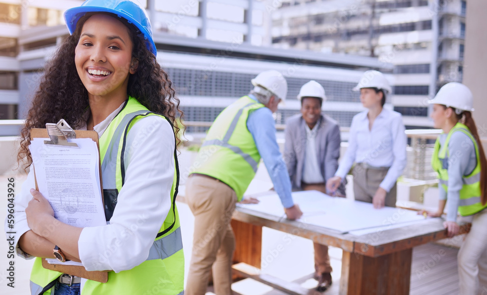 Poster everything is up to code. cropped portrait of an attractive young female construction worker standin