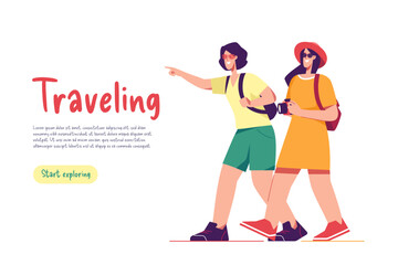 Two walking women friends travelers with backpacks. Vector illusration