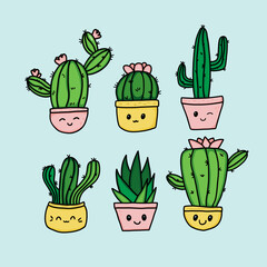 Set of cute cactus in doodle style