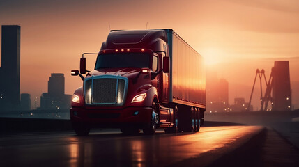 truck on the highway at he sunset. Ai generative