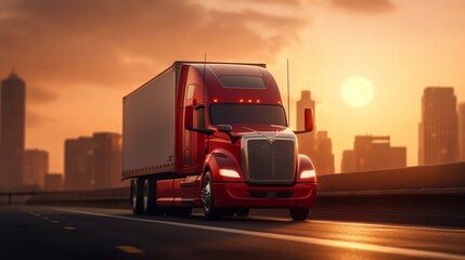 Fototapeta na wymiar red cargo truck on the highway. Ai generative