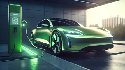 Futuristic car on the electric power station. Green energy concept. Ai generative