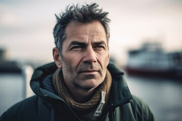 Fototapeta premium Portrait of a handsome middle-aged man with short hair, wearing a green jacket and a brown scarf, standing in front of a boat.