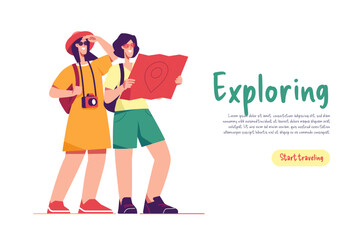 Two women friends travelers with backpacks looking at the map. Vector illusration