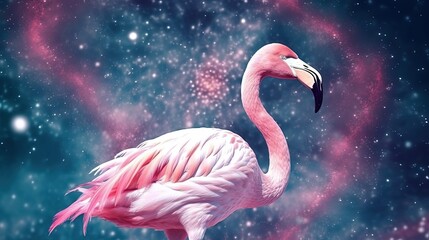 euphoria dreamy aura atmosphere, collage illustration style of flamingo bird among stars, Generative Ai