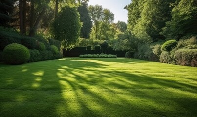 Green mowed lawn in a large garden or in a park, plant care in parks, Landscaping, generative AI