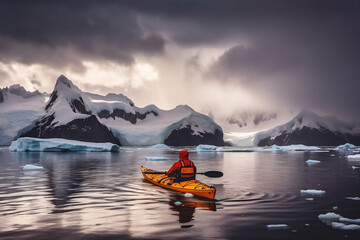 Kayaking between icebergs with inflatable kayak, extreme adventure, beautiful pristine landscape, sea water paddling activity
