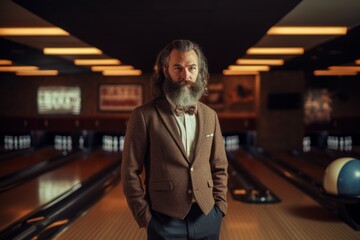 Fototapeta na wymiar Medium shot portrait photography of a pleased man in his 40s wearing a smart pair of trousers against a bowling alley or retro sports background. Generative AI