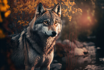 Wild wolf on the background of nature. Created with Generative AI technology. wilderness
