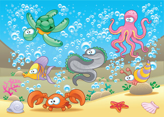Fototapeta na wymiar Family of marine animals in the sea - funny cartoon and vector characters with background