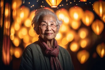 Obraz premium Portrait of an old asian woman in traditional dress with lanterns