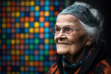 Portrait of an elderly woman with glasses on the background of a mosaic wall