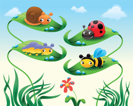 Insect on the leafs - funny cartoon and vector scene