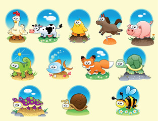 Cartoon animals and pets. Funny vector characters with background