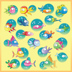 Family of fish with background. Funny cartoon and vector illustration