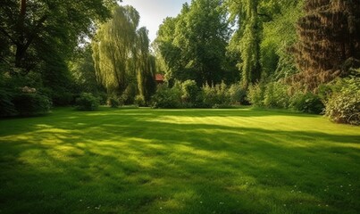 Obraz premium Green mowed lawn in a large garden or in a park, plant care in parks, Landscaping, generative AI
