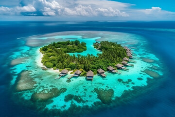 Fototapeta na wymiar Overwater villas on tropical atoll island for holidays vacation travel and honeymoon. Luxury resort hotel in Maldives or Caribbean with turquoise sea water. Drone aerial view