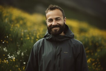 Portrait of a bearded man standing in a field of yellow flowers.