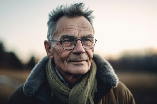 Medium Shot Portrait Photography Of A Grinning Man In His 60s Wearing A Cozy Sweater Against A Nordic Or Scandinavian Landscape Background. Generative AI