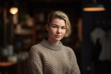 Portrait of a beautiful young woman in a sweater in a cafe