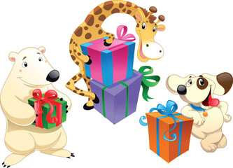 Animals and gifts, cartoon and vector characters for christmas, party and birthday