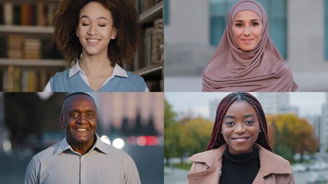 Split screen collage diverse african american arabian multiracial smiling man and women happy multiethnic people male females different ages look camera multiscreen montage diversity ethnicity persons