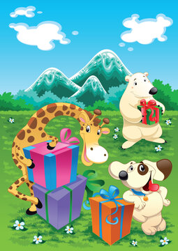 Animals and gifts with background, cartoon and vector characters for christmas, party and birthday