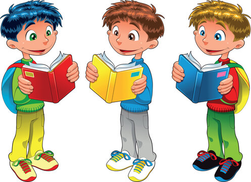 Three boys are reading, cartoon and vector characters