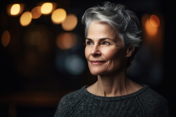 Portrait of a beautiful mature woman with grey hair in a sweater