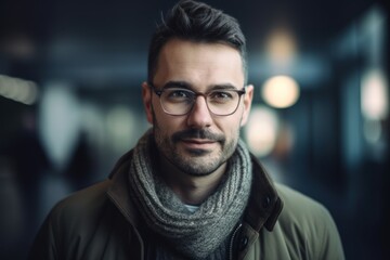 Fototapeta premium Portrait of a handsome young man wearing glasses and a warm scarf