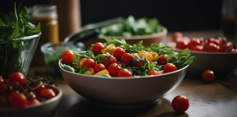 Preparing healthy salad for diet at home with cherry tomatoes