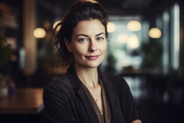 Environmental portrait photography of a pleased woman in her 30s wearing a chic cardigan against an office or corporate background. Generative AI