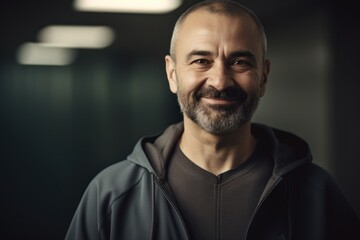 Portrait of a smiling middle-aged man in a dark room