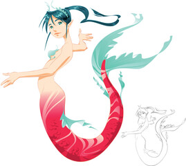Mermaid (color and Black/White lines) - cartoon and vector mythologycal character