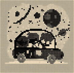 car  travel with night sky and planets, stars,  cute cartoon vector illustration,halftone effect
