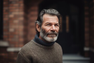 Obraz premium Portrait of an old man with gray hair and beard in a warm sweater on the street.