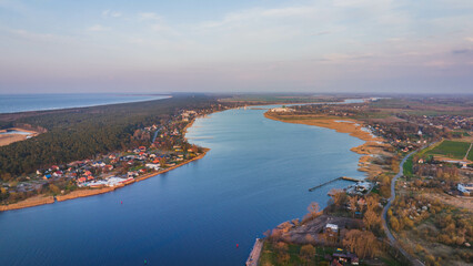 Górki Wschodnie, Sobieszewska Island and the Vistula River seen from a drone on an early spring day.

