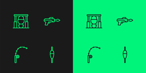 Set line Fishing float, rod, Campfire and pot and harpoon icon. Vector