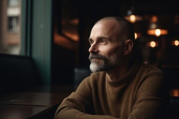 Portrait of a pensive mature man sitting at a table in a cafe