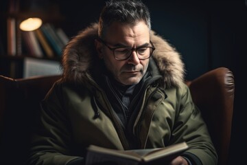 A man in a green jacket and glasses is reading a book.