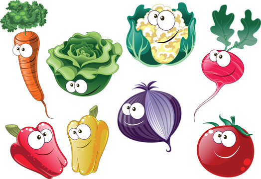 Vegetables, cartoon and vector characters