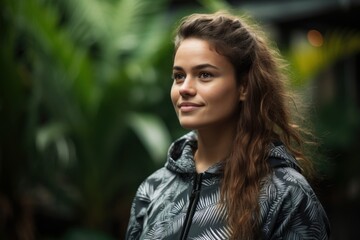 Medium shot portrait photography of a pleased woman in her 20s wearing a comfortable tracksuit against a hawaiian or polynesian background. Generative AI