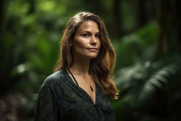 Naklejka premium Portrait of a beautiful woman in a green dress in the jungle