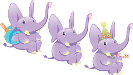 Three types of elephant: normal, school and party, cartoon and vector characters