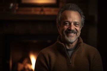 Obraz premium Portrait of a happy senior man in front of fireplace at home