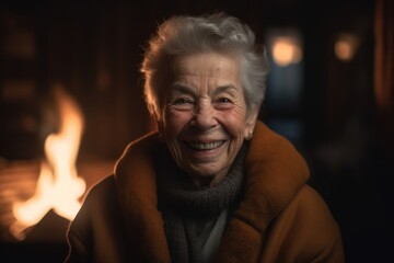 Portrait of a happy senior woman in front of fireplace at home